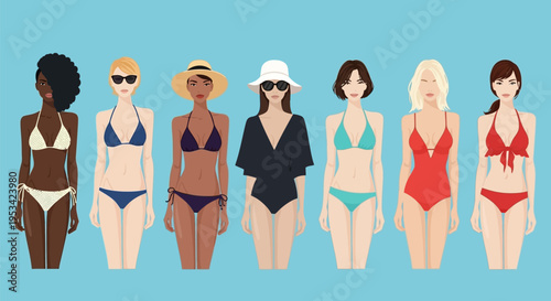 Diverse group of women in swimsuits and summer clothing standing on blue background
