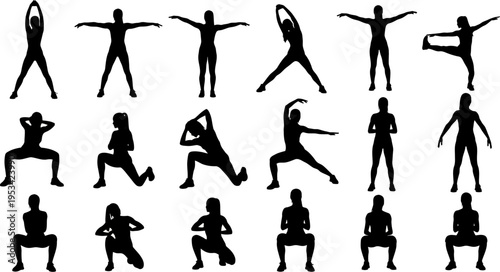 Collection of black silhouette people in various athletic poses on white background
