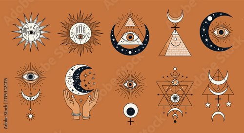 Array of esoteric and mystical symbols including all seeing eyes, pyramids, celestial suns, moons, and sacred geometry on a warm background.