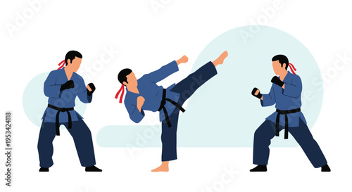 Figures of martial artists in blue uniforms and black belts demonstrating various techniques like a high kick and a ready combat stance.