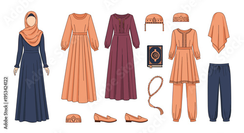 Group of traditional islamic clothing for women featuring dresses, hijabs, prayer beads, and the quran in a soft color palette.