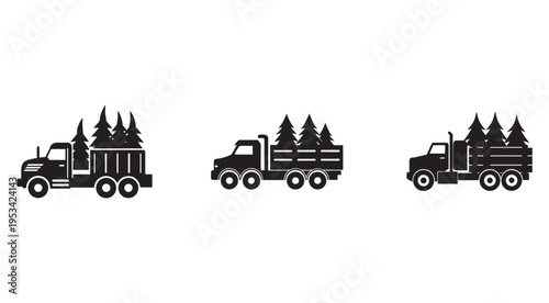 Three black silhouettes of logging trucks with pine trees in the back on a white background  logging truck icons  tree transportation  forestry symbols