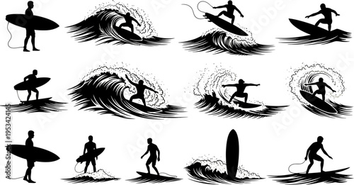 set of surfers silhouettes riding surfing on waves in various poses