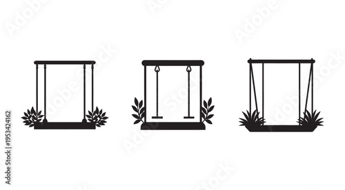 Three black silhouettes of porch swings with plants on white background  outdoor furniture and decorations
