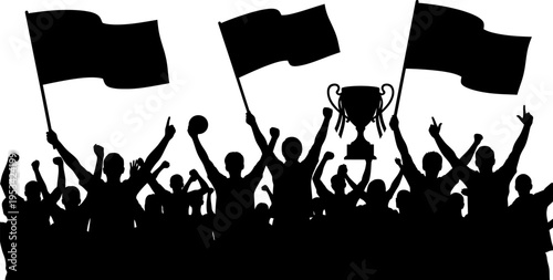 silhouette of a group of people celebrating with flags and a trophy  victorious crowd