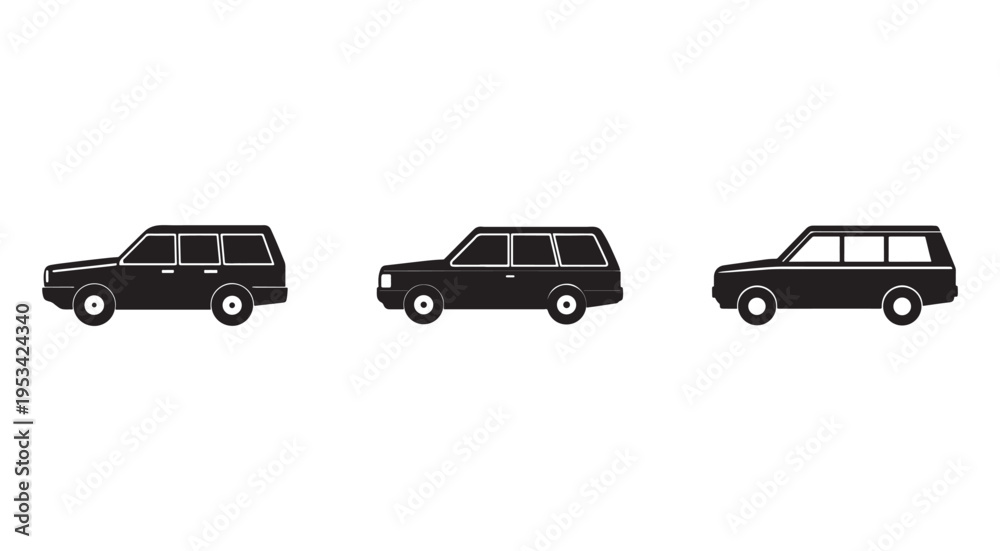 Fototapeta premium Three black station wagon silhouettes side view cars with white outlines on clean white background for design and transportation concepts