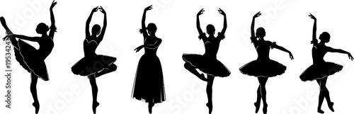 set of black silhouette ballerinas in various ballet dance poses on white background