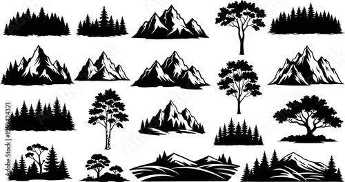 black and white silhouettes of trees and mountains on white background