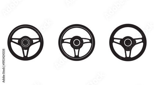 Three black steering wheels in different designs on white background for vehicle control interface  automotive parts and accessories
