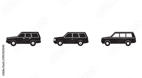 Three black station wagon silhouettes side view  cars with white outlines on clean white background for design and transportation concepts