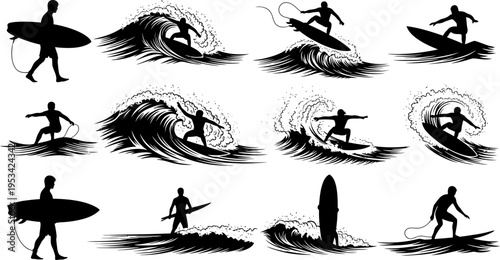 Collection of silhouettes of surfers riding waves with surfboards on white background