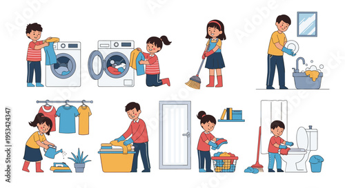 Sequence of children performing various household chores such as laundry, sweeping, washing dishes, and cleaning the bathroom at home.