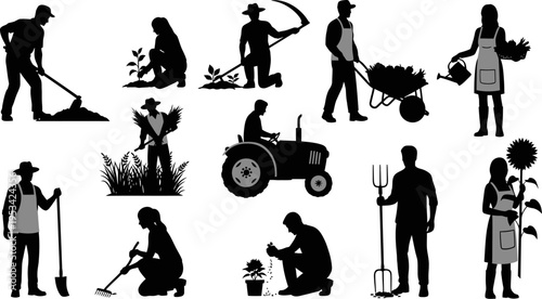 Collection of silhouettes of people engaged in various gardening activities with tools and plants