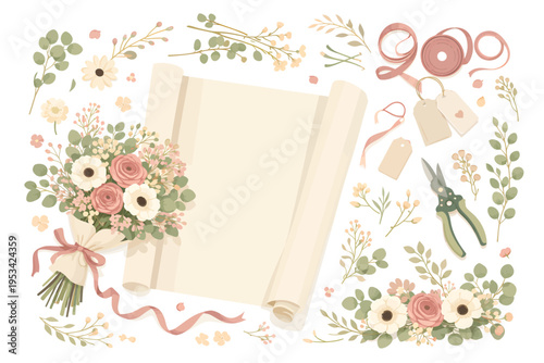 Elegant floral bouquet wrapping set with blank kraft paper, ribbon, gift tags, and pruning shears in soft pastel tones, ideal for wedding, florist, gift wrapping, and branding design projects