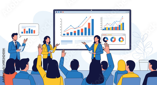 Corporate business presentation scene where speakers discuss data analytics and financial charts with an audience of attentive professionals.