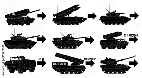 Silhouette illustrations of various military tanks and armored vehicles transforming into each other