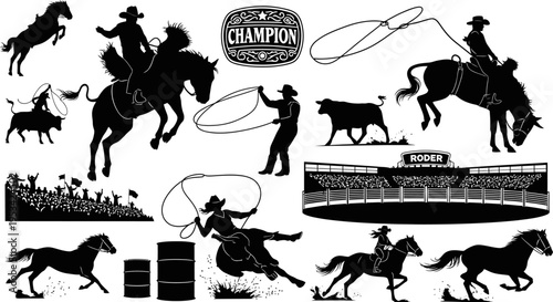 Black silhouettes of cowboys and horses in various rodeo actions on white background