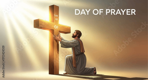 Man kneeling in prayer beside a glowing cross rays of light serene atmosphere symbol of faith and spirituality