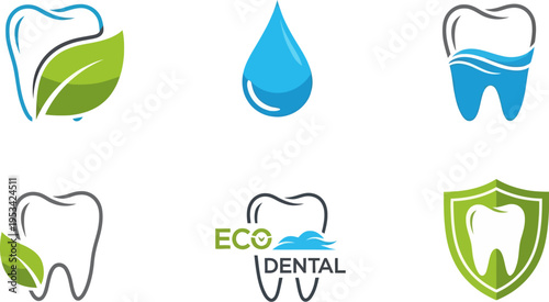 eco friendly dental logos with teeth leaves water and shields on white background