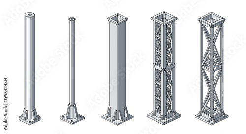 Various industrial steel pillars and truss support columns are displayed in a clean isometric illustration for construction.
