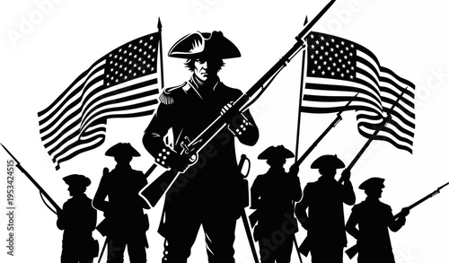 Vászonkép American colonial soldiers with flags patriotic illustration in black and white
