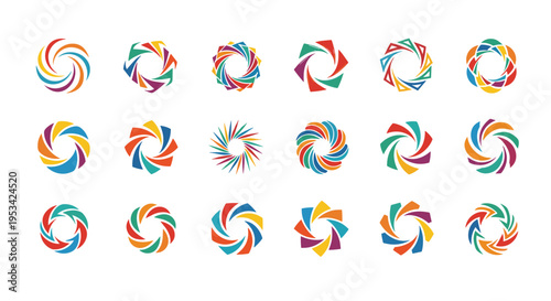 Collection of abstract colorful circular logo icons features various geometric swirls and rotating shapes for modern branding.