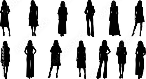 set of women in various poses and outfits in black silhouette on white background