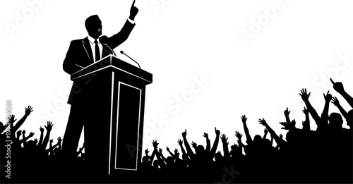silhouette of a man speaking at a podium with a crowd of people raising their hands in approval  public speaking and leadership concept