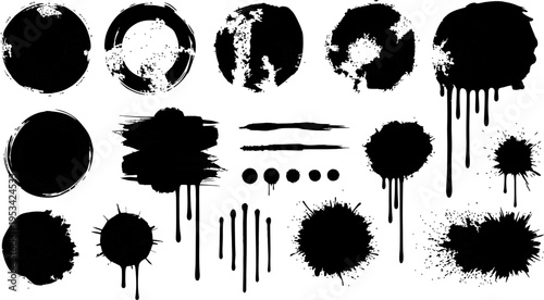 Collection of black ink splatters and stains on white background for graphic design  various shapes and textures
