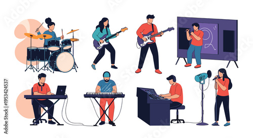 Diverse musicians and audio engineers work together in a recording studio setting with instruments and sound mixing equipment.