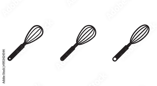 Three black wire whisks with handles  kitchen utensils for mixing and blending ingredients  cooking tools