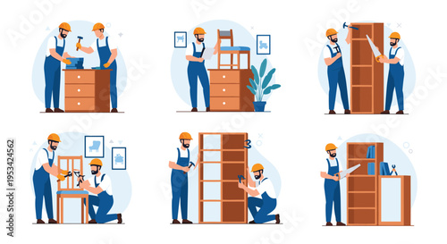 Professional carpenters and woodworkers collaborate to assemble wooden furniture including chairs and bookshelves in a workshop.