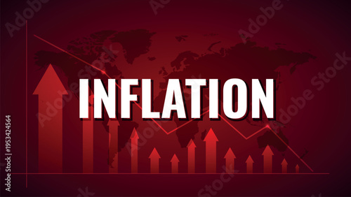 Inflation crisis graph, global economic recession chart, red color banner, world map background, stock market interest rate change, copy space for text
