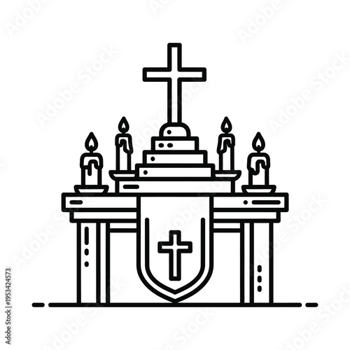 Line art of altar with cross and shield and candles on table icon