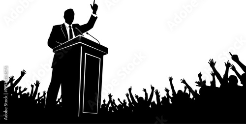 Silhouette of a man in a suit speaking at a podium with a crowd of people raising their hands in approval