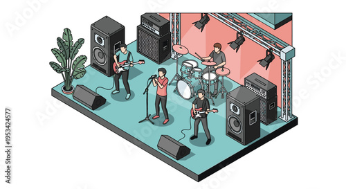 Rock band performs live on a professional stage equipped with large speakers, lighting rigs, and musical instruments.