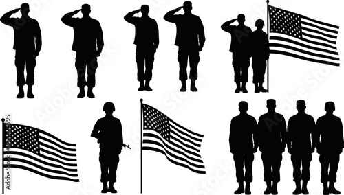 American soldiers and flags in various poses and salutes on white background