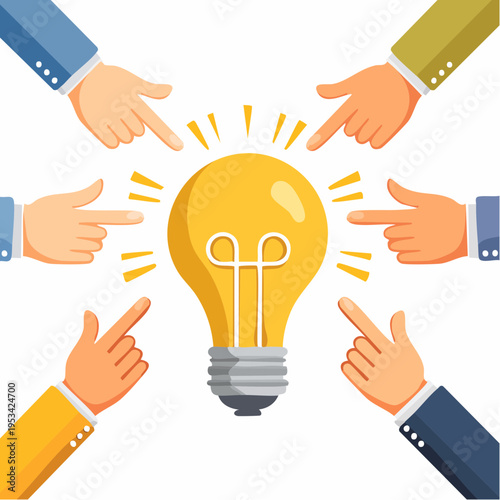 Diverse hands pointing towards a radiant light bulb, symbolizing a shared focus on a brilliant new idea or innovative solution born from collaborative effort and teamwork