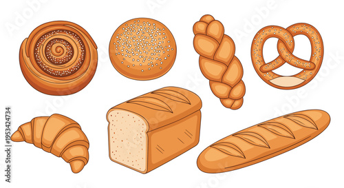 Assortment of freshly baked goods includes a loaf of bread, croissant, bagel, pretzel, and braided pastry.