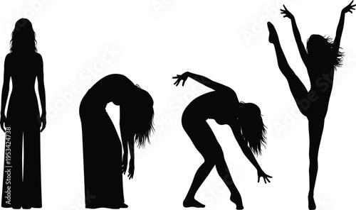 Dance silhouette poses, artistic motion, flexibility, balance, performance art, black silhouette, expressive movement, dancer illustration, choreography design, creative dance sequence