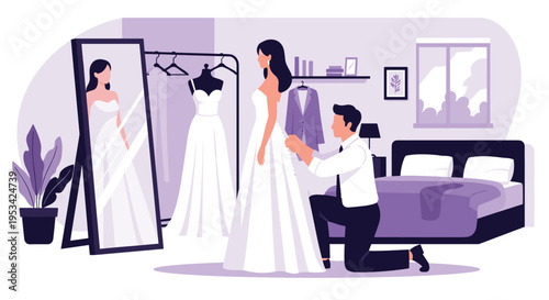 Bride to be tries on a white wedding dress in a boutique while a professional tailor makes final adjustments.