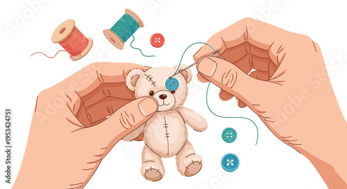 Close up view shows hands carefully sewing a blue button eye onto a small plush teddy bear with needle and thread.