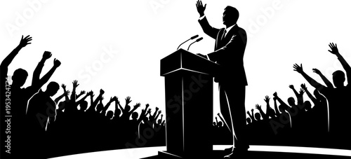 man in suit giving speech to crowd of people with hands raised in approval  public speaking and audience