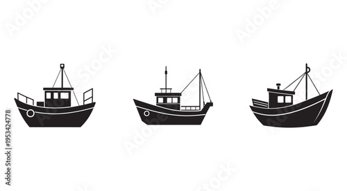 Three different fishing boat silhouettes in various designs and orientations on white background  maritime transportation vessels