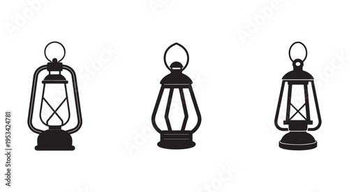 Three different lanterns in a row on white background  old fashioned lamps with handles