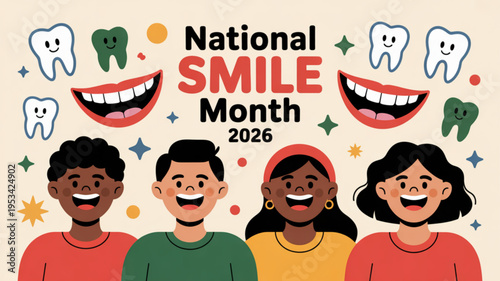Diverse group of smiling people celebrating national smile month with colorful teeth graphics