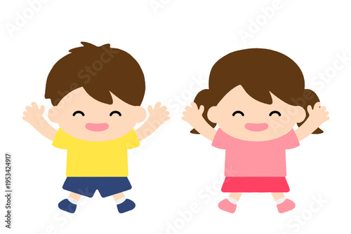 かわいい子供イラスト 男の子 女の子 セット 笑顔 キャラクター シンプル フラット アイコン 保育 教育 素材