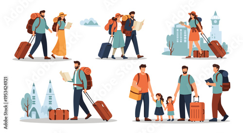 Set of travel characters depicts individuals and families with backpacks and suitcases exploring new destinations.