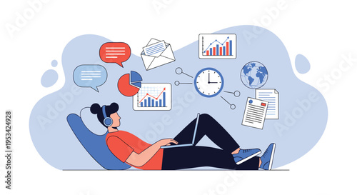 Person works remotely on a laptop while relaxing, surrounded by icons of data, time, and global communication.