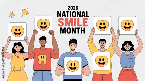 Diverse group of people celebrating national smile month with smiley face signs